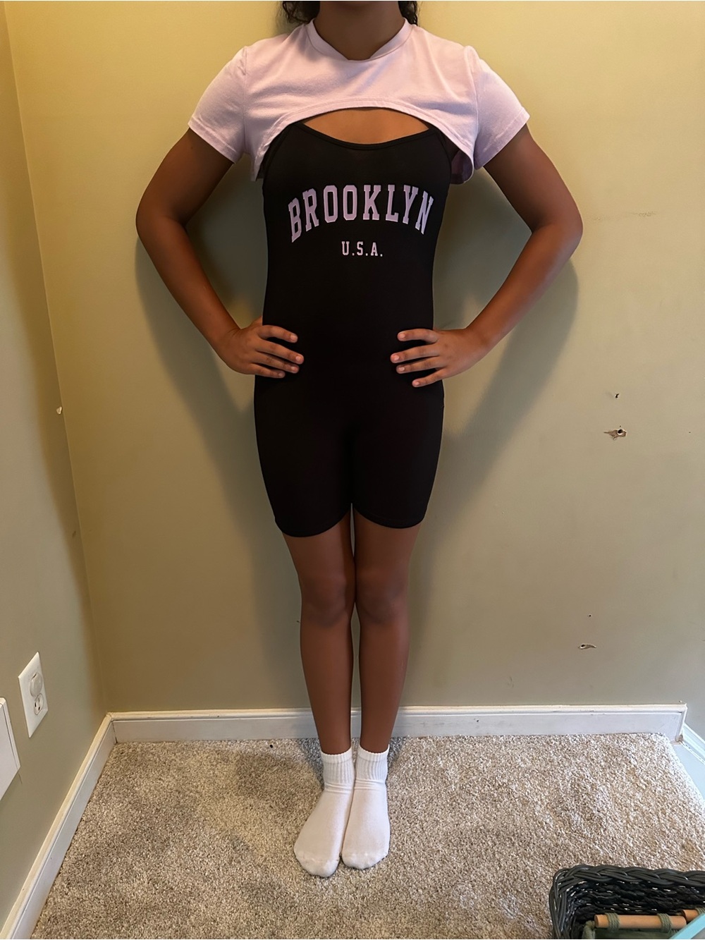 Brooklyn Graphic Scoop-Neck Black Romper Top with Pink Cropped Tee